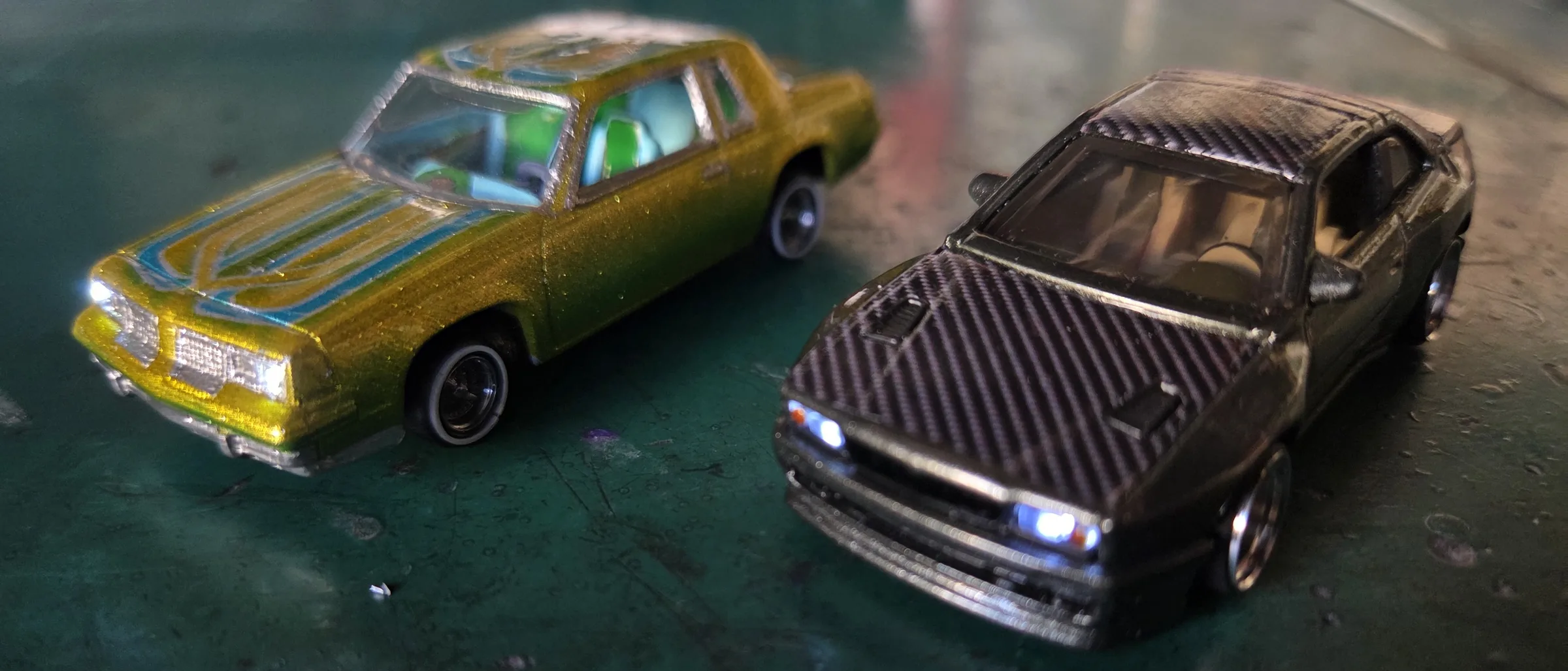 Shrunk Works lit up in a 1:64 car